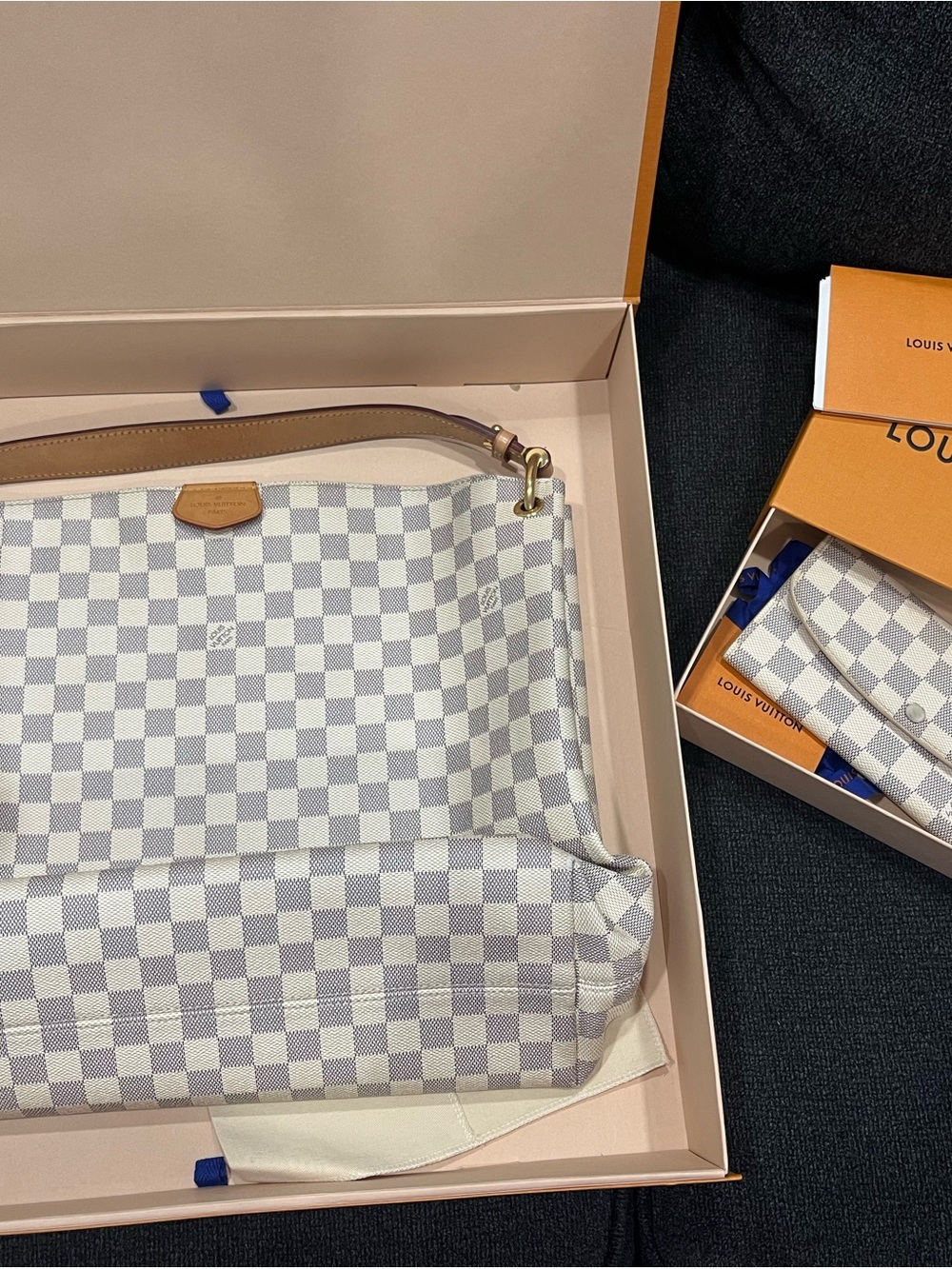 Louis Vuitton Damier Azur Check Canvas Shoulder Bag with Tan Trim
